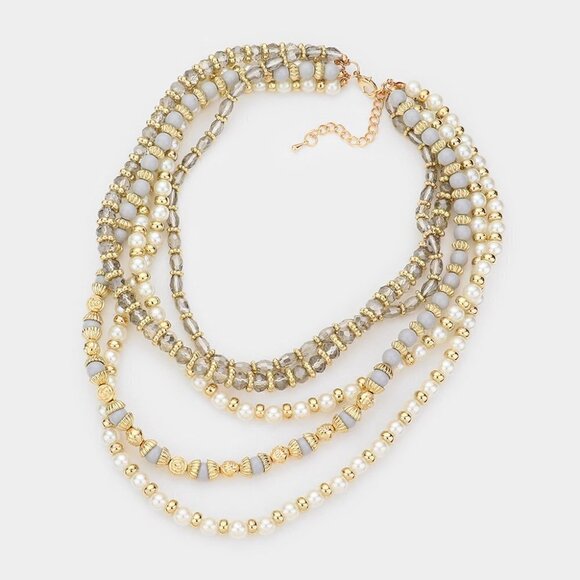 NEW Gray Gold Pearl Beaded Multi Layered Statement Necklace - Picture 1 of 8